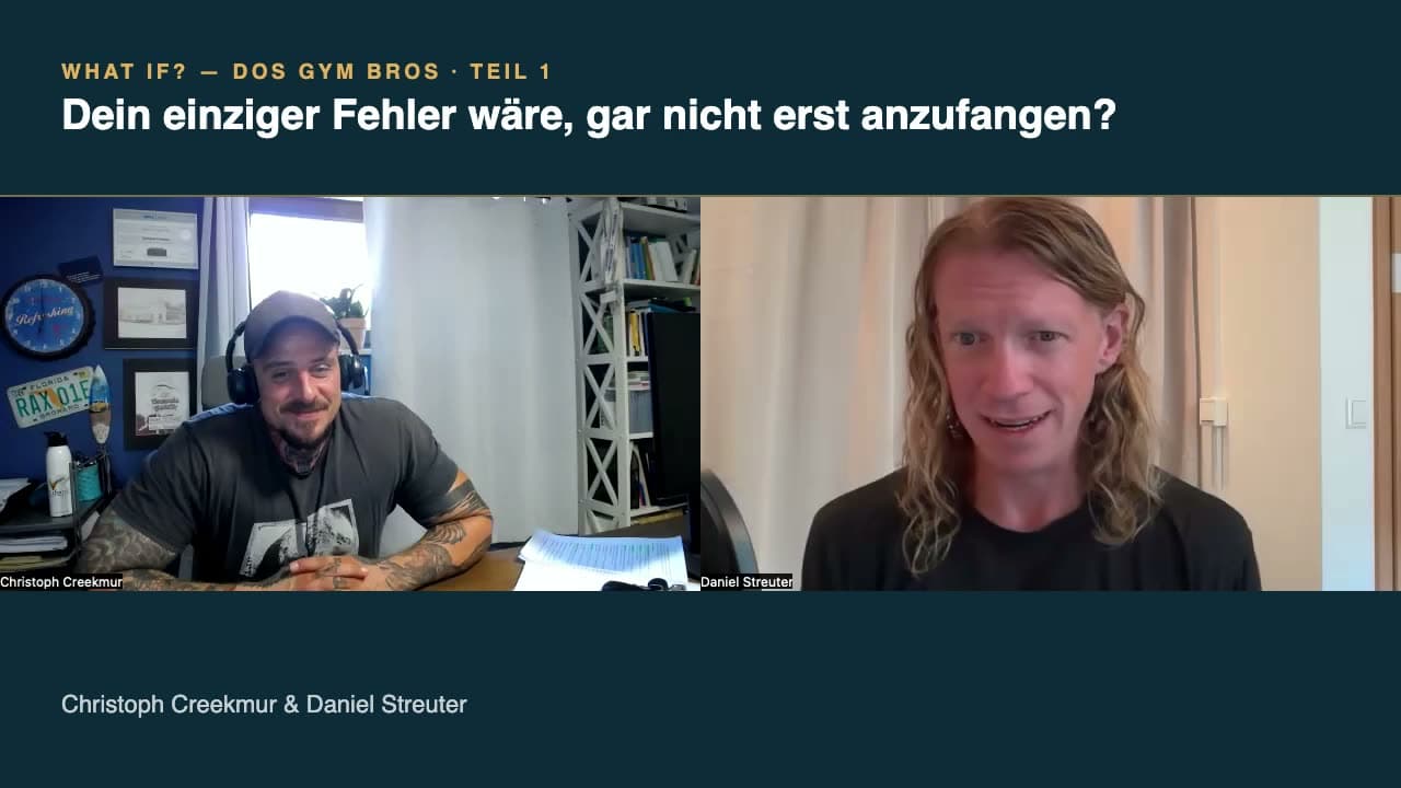 Die fertige Folge im gestalteten 16:9-Rahmen: Kapiteltitel oben, Gespräch in der Mitte, Namen unten